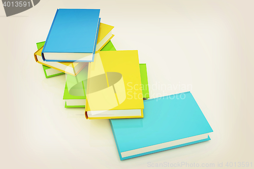 Image of colorful real books. 3D illustration. Vintage style.