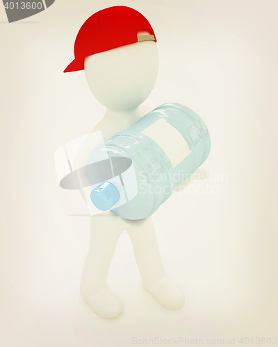 Image of 3d man carrying a water bottle with clean blue water . 3D illust