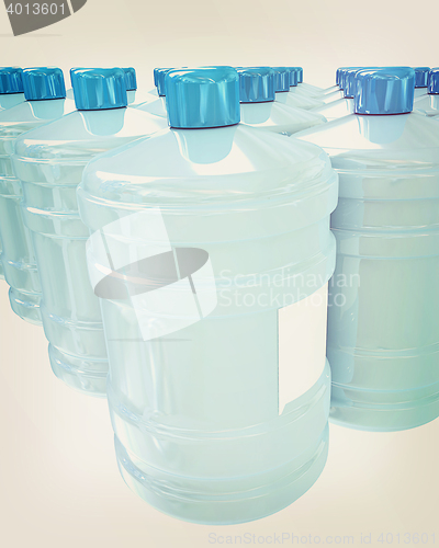 Image of Bottles with clean blue water . 3D illustration. Vintage style.