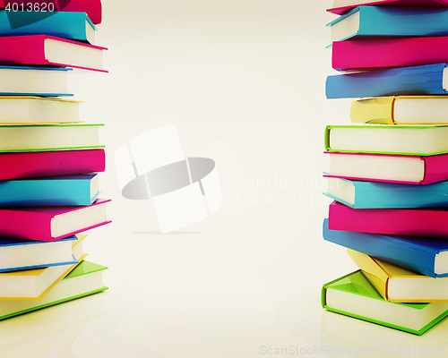 Image of colorful real books. 3D illustration. Vintage style.