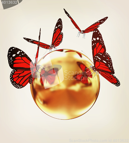 Image of Red butterfly on a abstract 3d gold sphere . 3D illustration. Vi