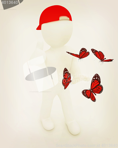 Image of 3d man in a red peaked cap with thumb up and butterflies. 3D ill