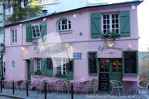 Image of Facade of 'La Maison Rose' cafe and restaurant in Montmartre, Paris