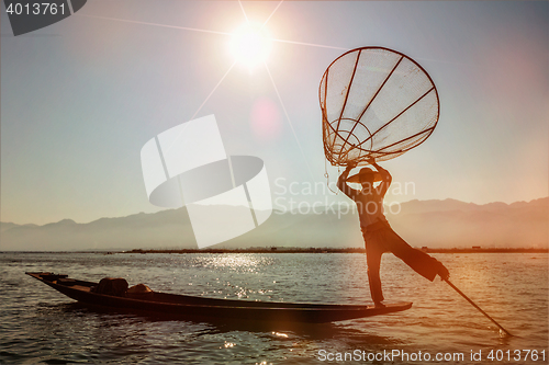 Image of  Traditional Burmese fisherman at Inle lake, Myanmar