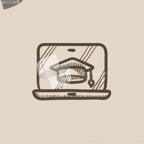 Image of Laptop with graduation cap on screen sketch icon.