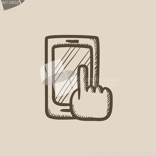 Image of Finger pointing at smart phone sketch icon.