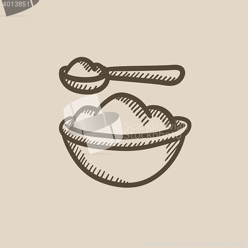 Image of Baby spoon and bowl full of meal sketch icon.