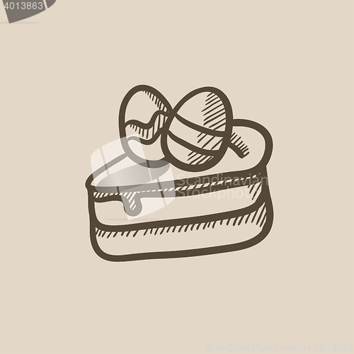 Image of Easter cake with eggs sketch icon.