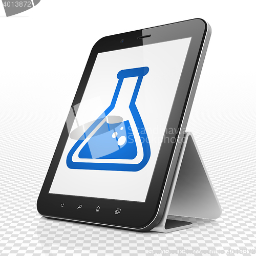 Image of Science concept: Tablet Computer with Flask on display
