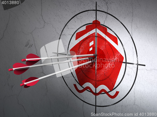 Image of Tourism concept: arrows in Ship target on wall background