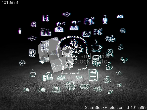 Image of Business concept: Head With Gears in grunge dark room