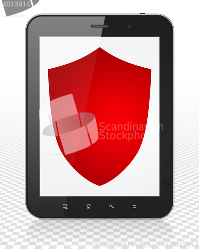 Image of Privacy concept: Tablet Pc Computer with Shield on display