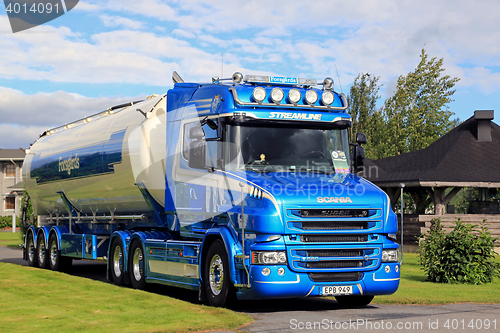 Image of Blue Scania T580 Semi Tank Truck of Forsgards on Display