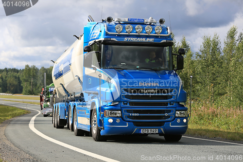 Image of Blue Scania T580 Semi Tank Truck on the Road