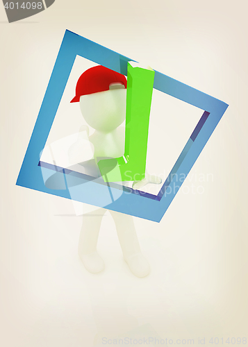 Image of 3d man in a red peaked cap with thumb up and a huge tick. 3D ill