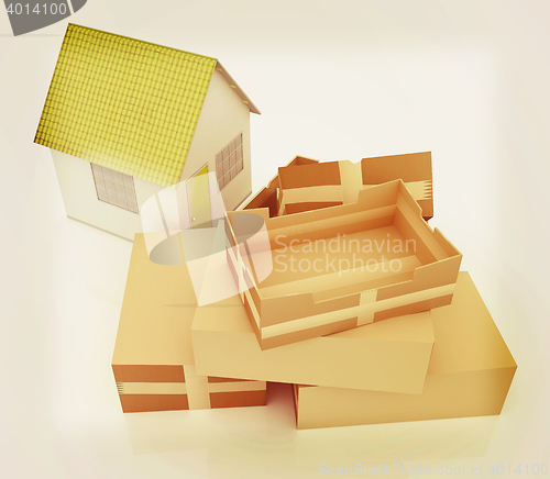 Image of Cardboard boxes and house . 3D illustration. Vintage style.