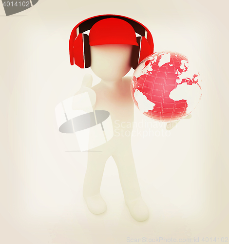 Image of 3d white man in a red peaked cap with thumb up, tablet pc and he