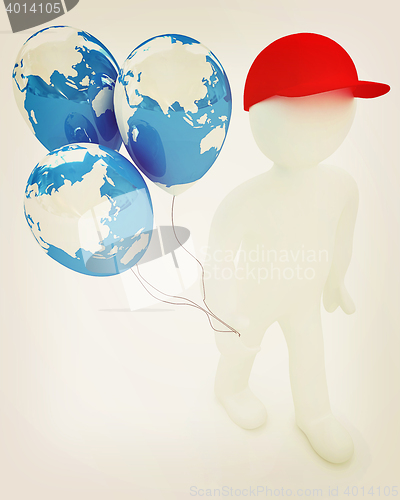 Image of 3d man keeps balloons of earth. Global holiday . 3D illustration