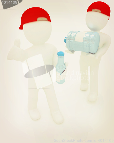 Image of 3d mans with a water bottle with clean blue water. 3D illustrati