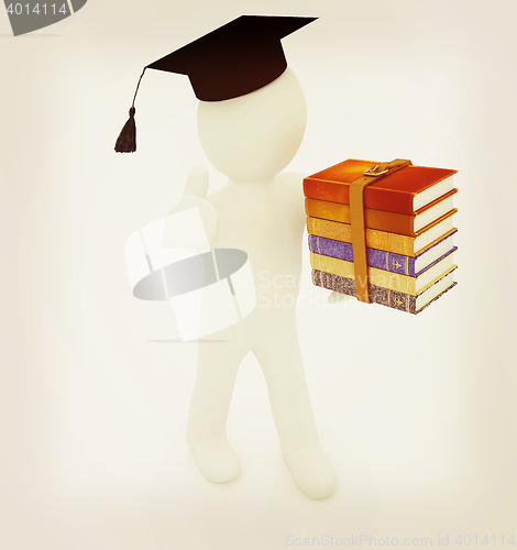 Image of 3d white man in a red peaked cap with thumb up and useful books 