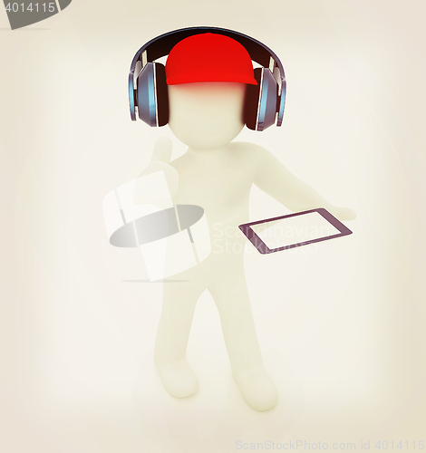Image of 3d white man in a red peaked cap with thumb up, tablet pc and he