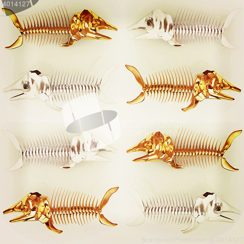 Image of Set of 3d metall illustration of fish skeleton . 3D illustration