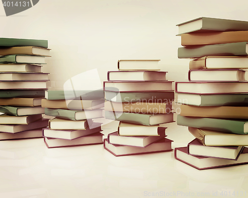 Image of colorful real books. 3D illustration. Vintage style.