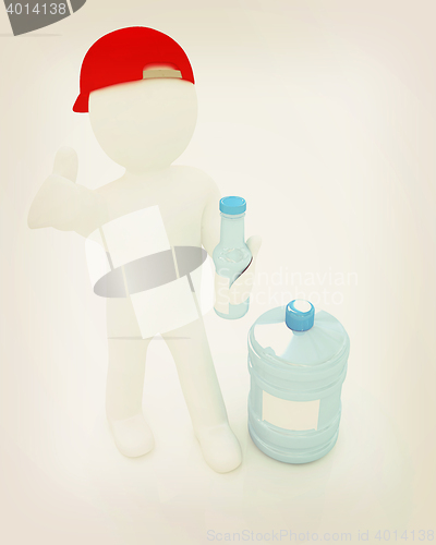Image of 3d man with a water bottle with clean blue water. 3D illustratio