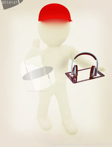 Image of 3d white man in a red peaked cap with thumb up, tablet pc and he