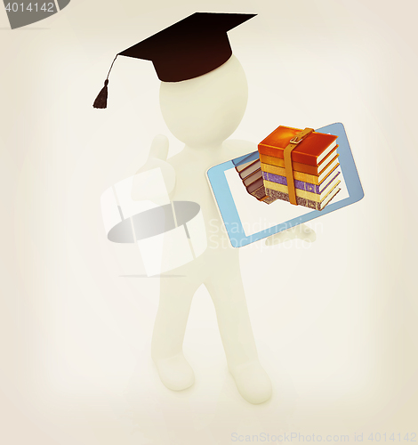 Image of 3d white man in a grad hat with thumb up,books and tablet pc - b