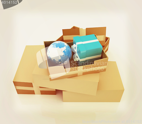 Image of Cardboard boxes, gifts and earth . 3D illustration. Vintage styl