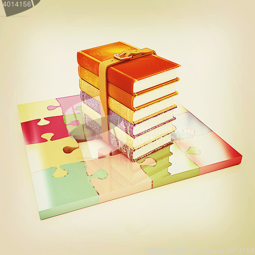 Image of Puzzle and books . 3D illustration. Vintage style.