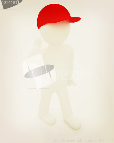 Image of 3d man in a red peaked cap with thumb up . 3D illustration. Vint