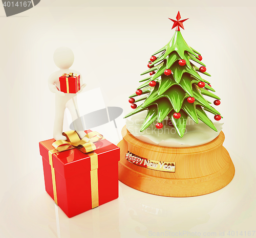 Image of 3D human, gift and Christmas tree . 3D illustration. Vintage sty