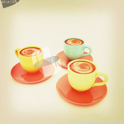 Image of Coffee cups on saucer. 3D illustration. Vintage style.