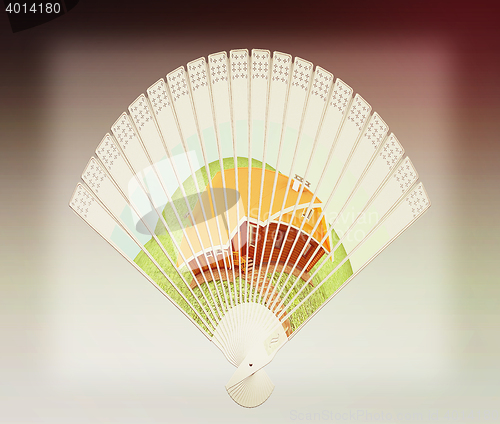 Image of Colorful hand fan . 3D illustration. Vintage style.