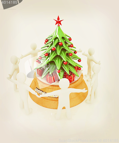 Image of 3D human around gift and Christmas tree. 3D illustration. Vintag