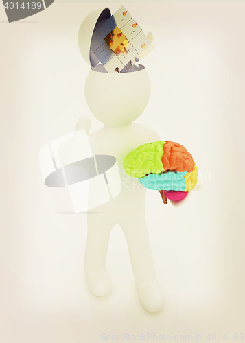 Image of 3d people - man with half head, brain and trumb up. Idea concept