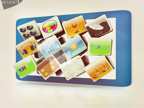 Image of Touchscreen Smart Phone with Cloud of Media Application Icons . 