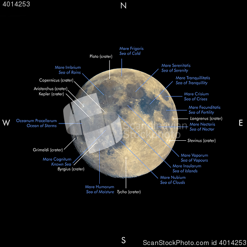 Image of Full moon map, enhanced colours, names in Latin and English