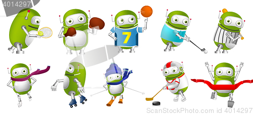 Image of Vector set of green robots sport illustrations.