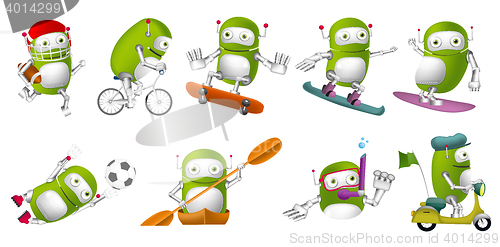 Image of Vector set of green robots sport illustrations.