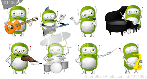Image of Vector set of green robots music illustrations.