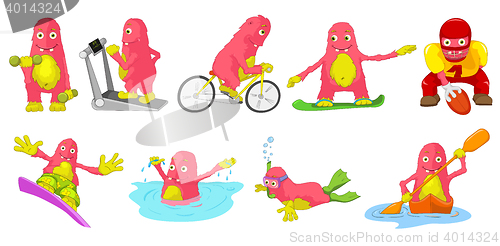 Image of Vector set of pink monsters sport cartoon illustrations.