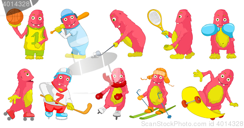 Image of Vector set of pink monsters sport cartoon illustrations.