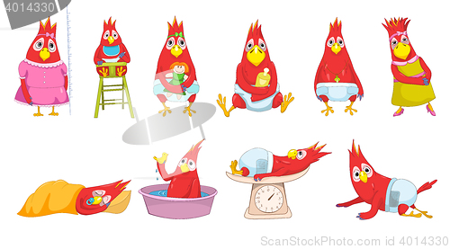 Image of Vector set of funny baby parrots illustrations.