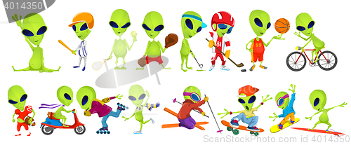 Image of Vector set of green aliens sport illustrations.