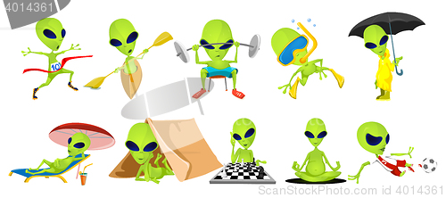 Image of Vector set of green aliens sport illustrations.