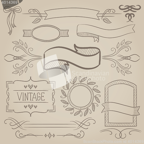 Image of Set of vintage ribbons, frames and elements.