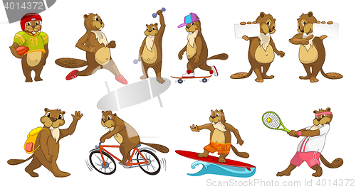 Image of Vector set of cute beavers sport illustrations.